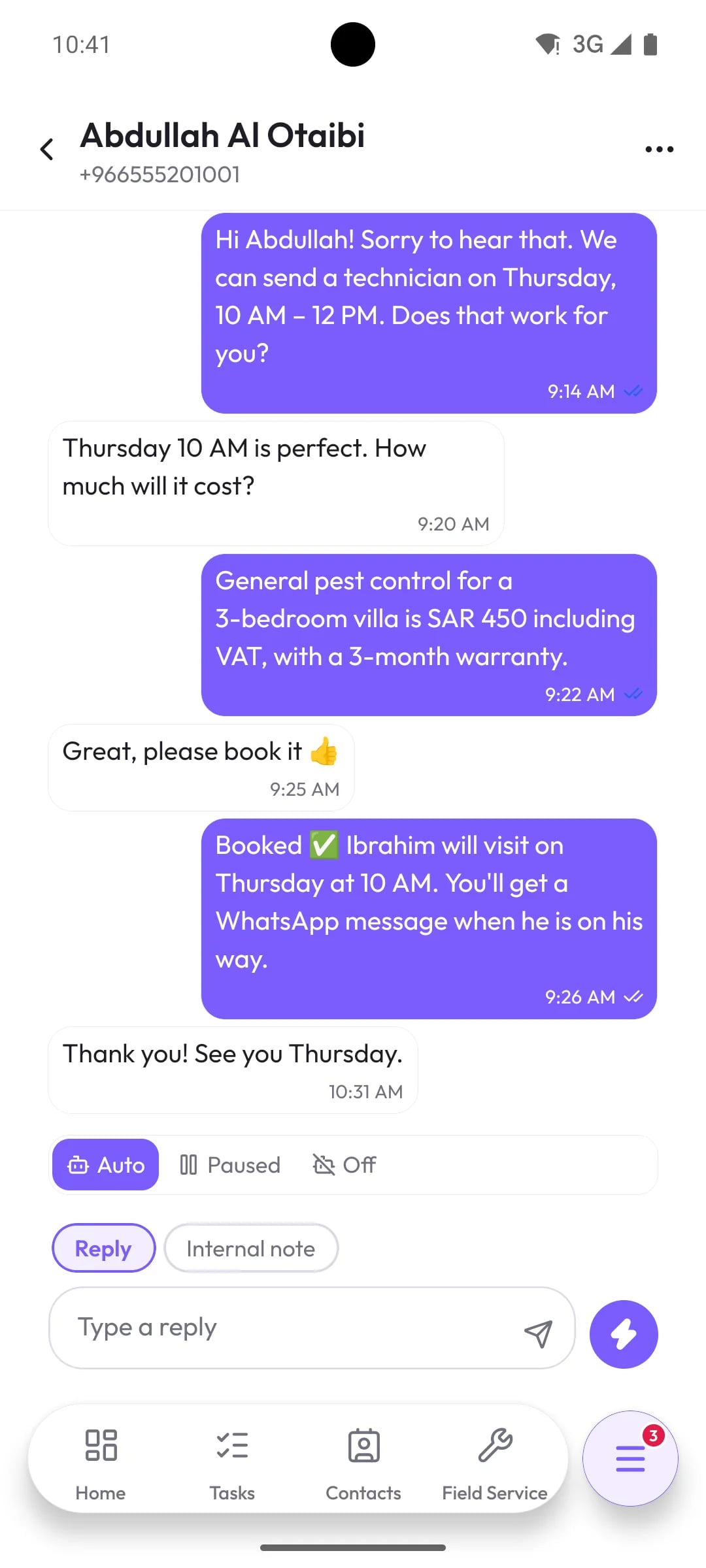 Orbit mobile app with a WhatsApp conversation where a visit is booked