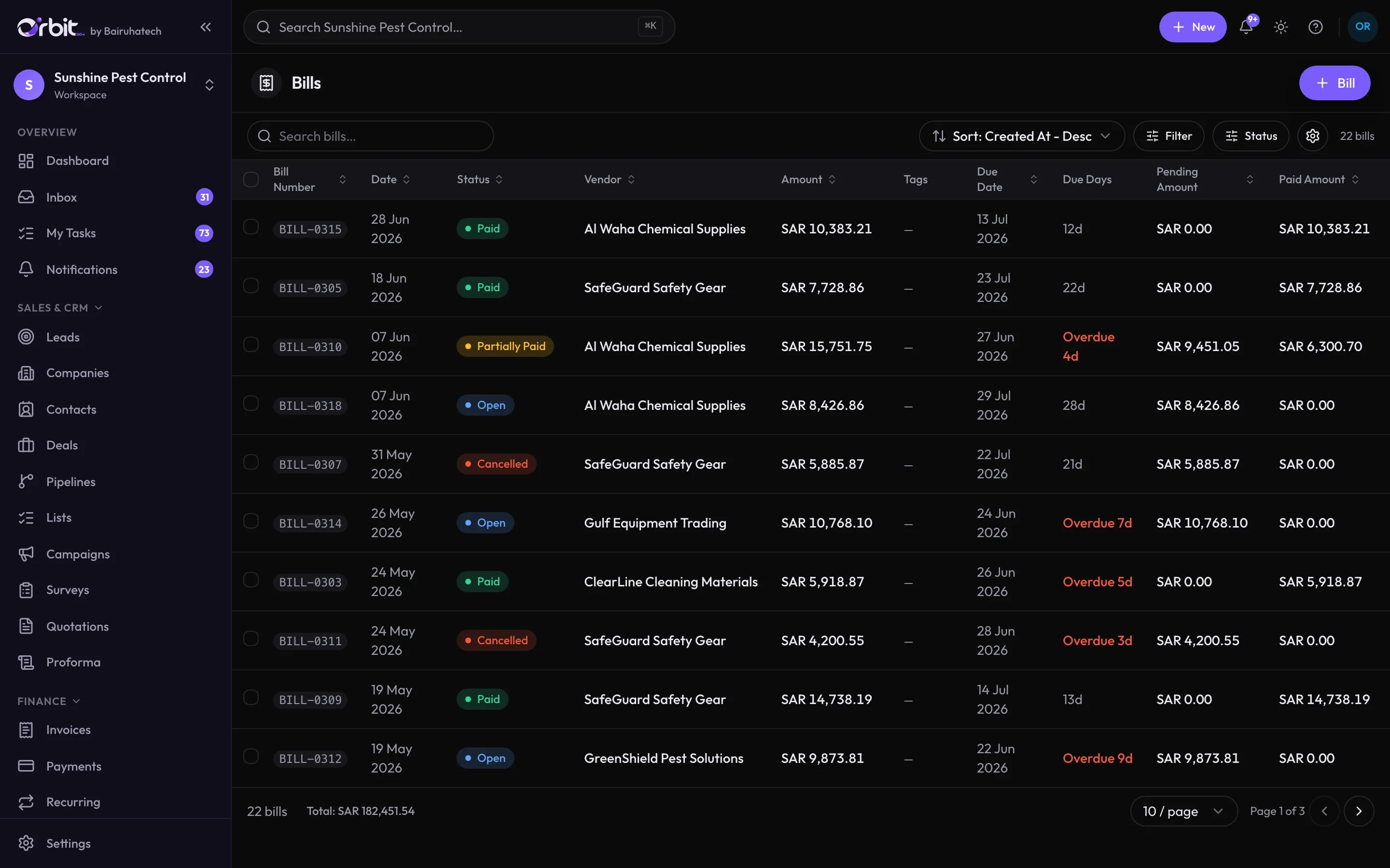 Orbit bills list showing vendor bills with paid, open and overdue statuses and pending amounts