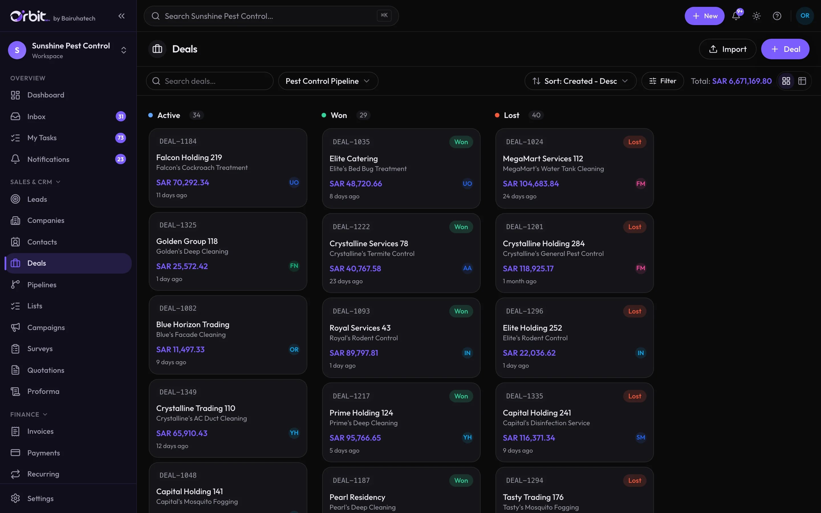 Orbit deals board with active, won and lost columns