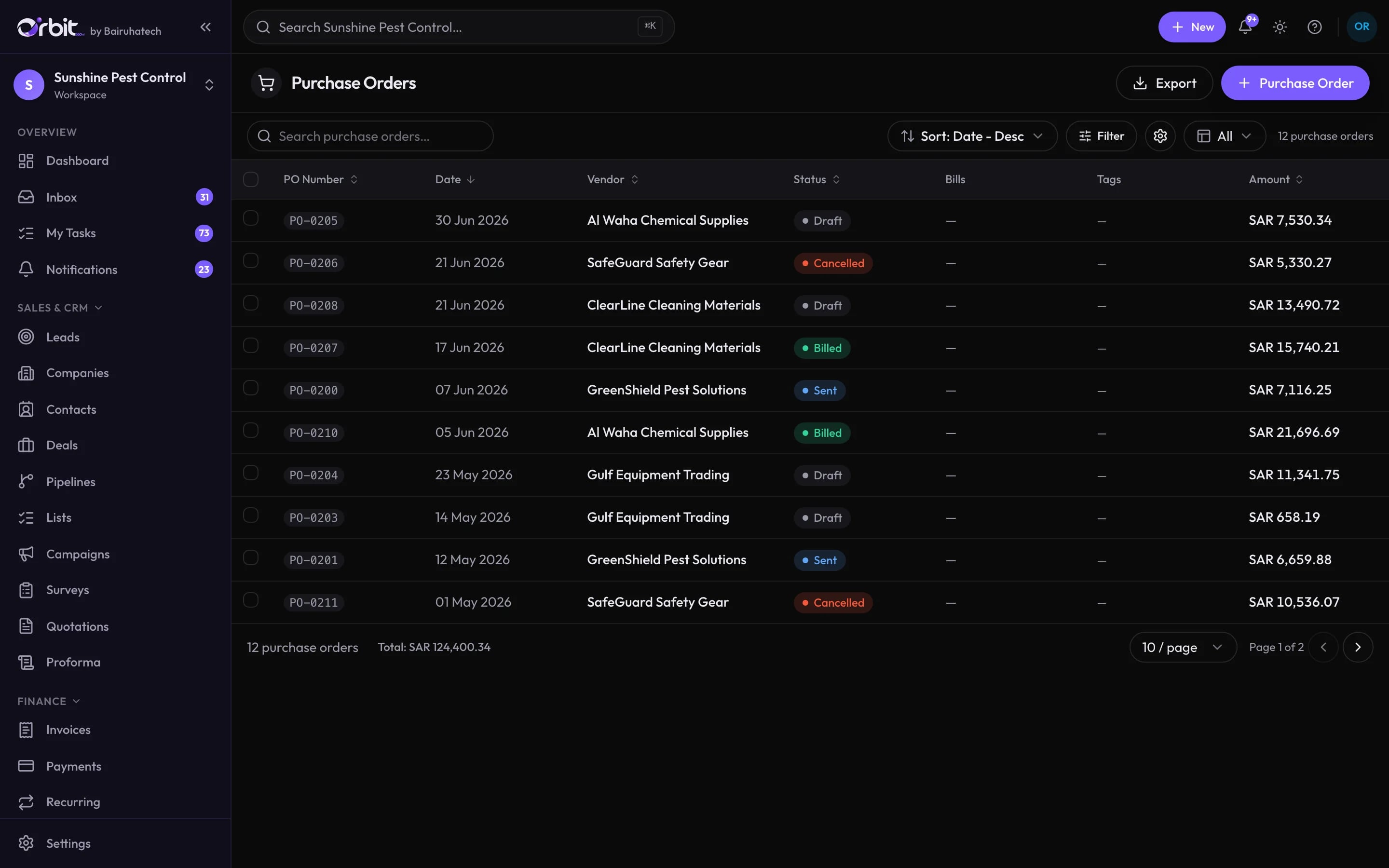 Orbit purchase orders list with draft, sent, billed and cancelled orders from chemical and equipment suppliers