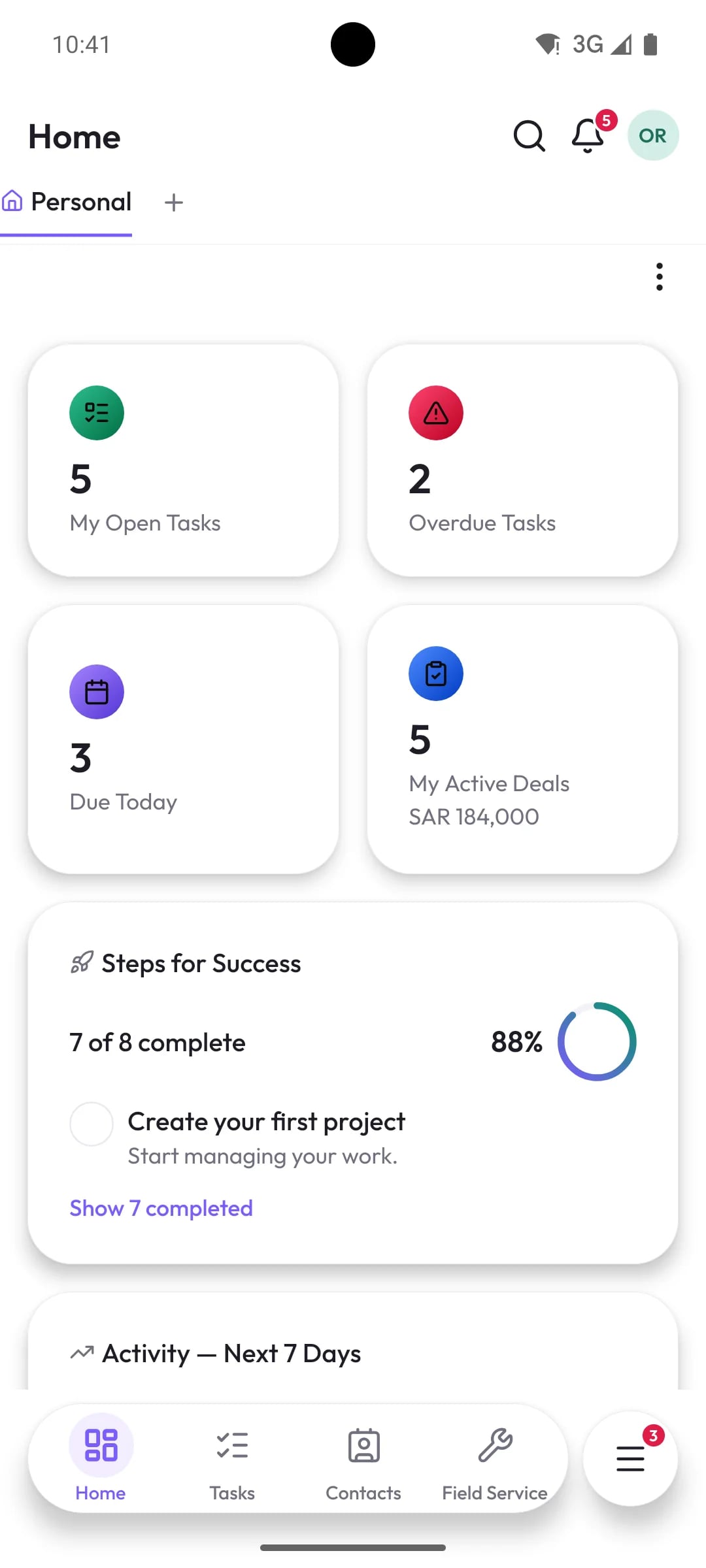Orbit mobile home screen with open tasks, overdue tasks, due today and active deals
