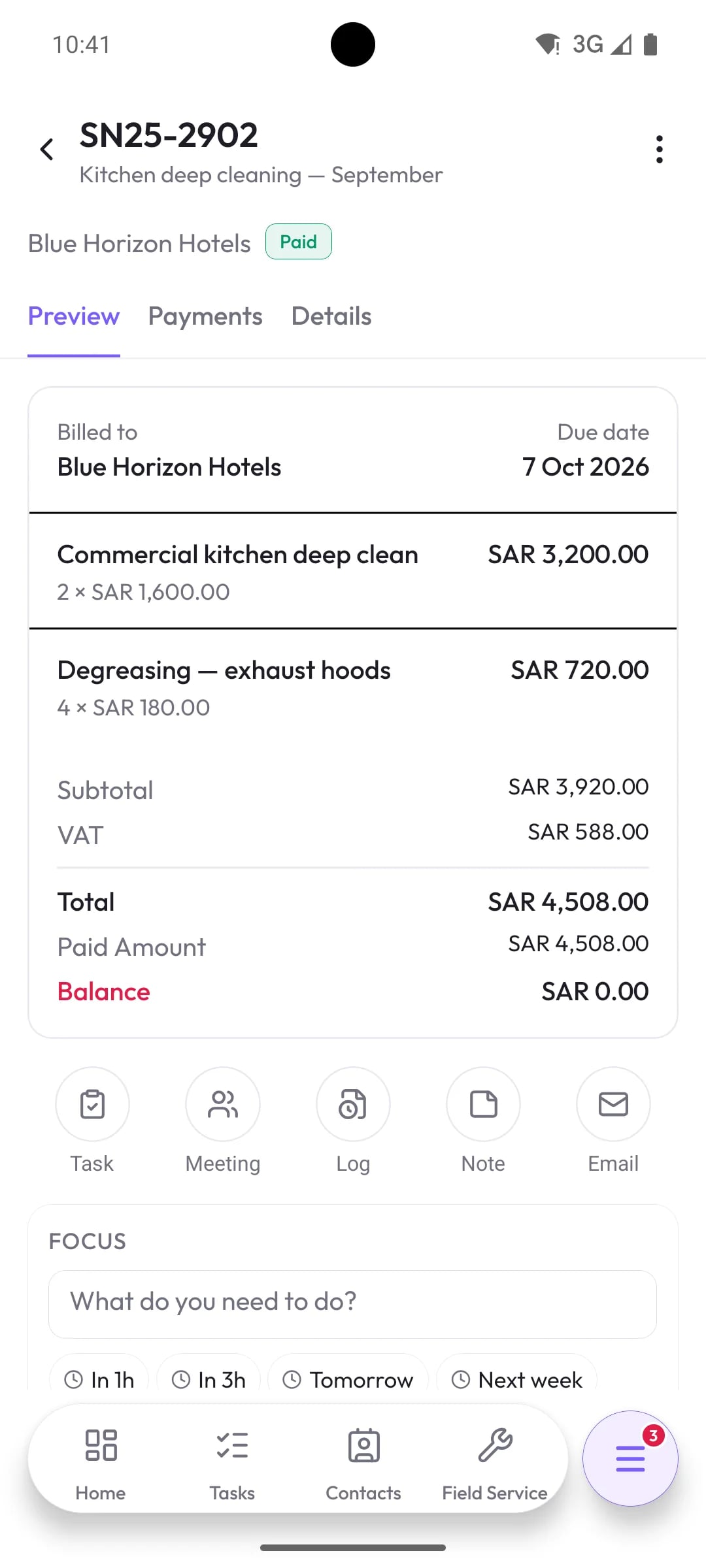 Orbit mobile invoice for a commercial kitchen deep clean and exhaust hood degreasing with VAT