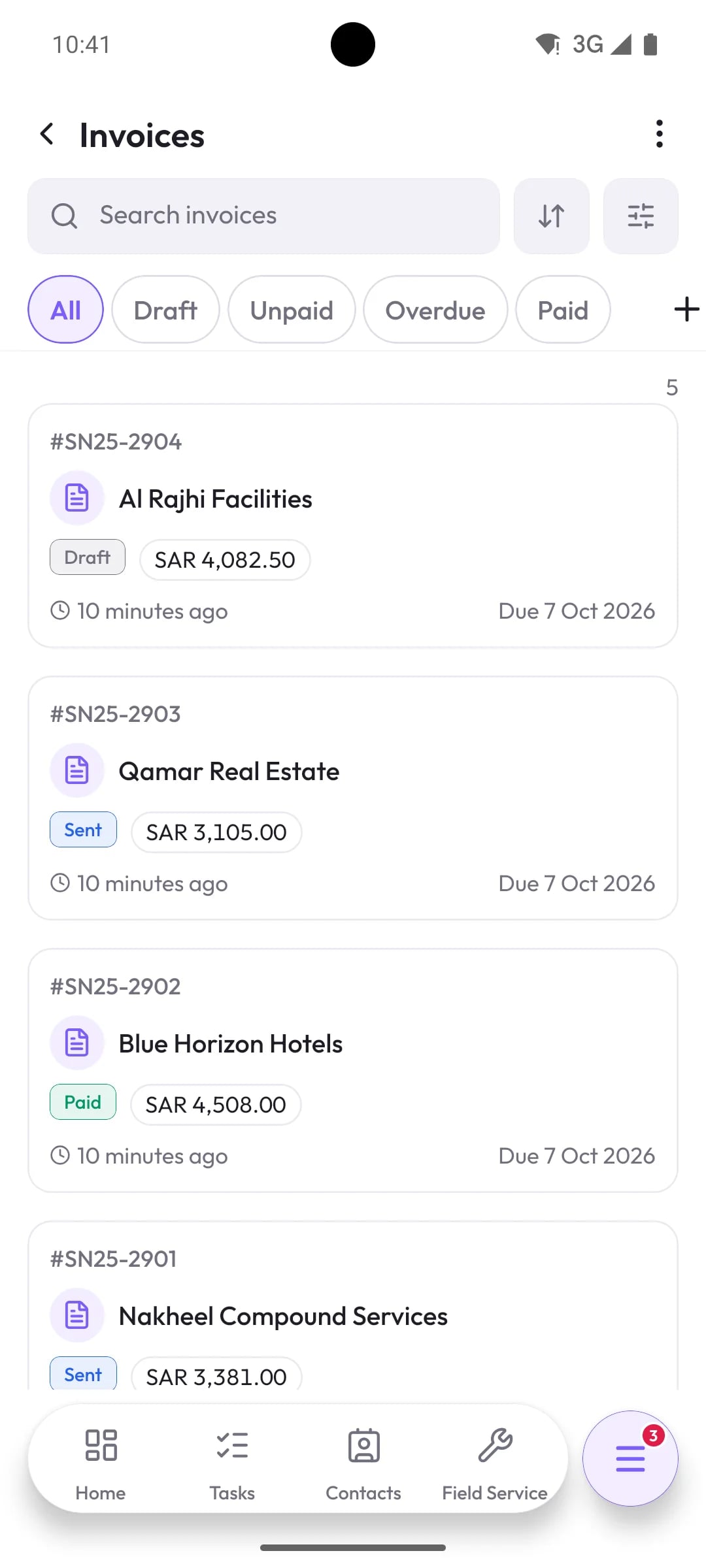Orbit mobile invoice list with draft, sent and paid invoices in SAR
