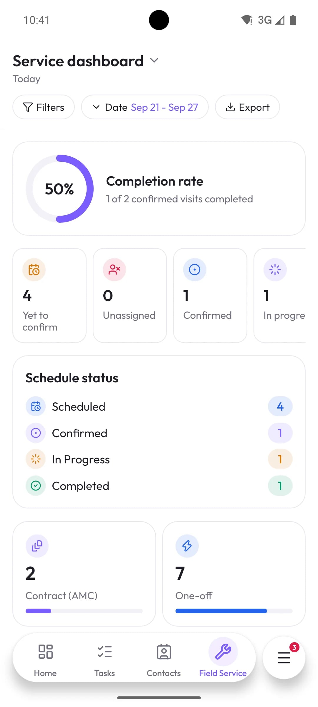 Orbit mobile service dashboard showing visits to confirm and completed