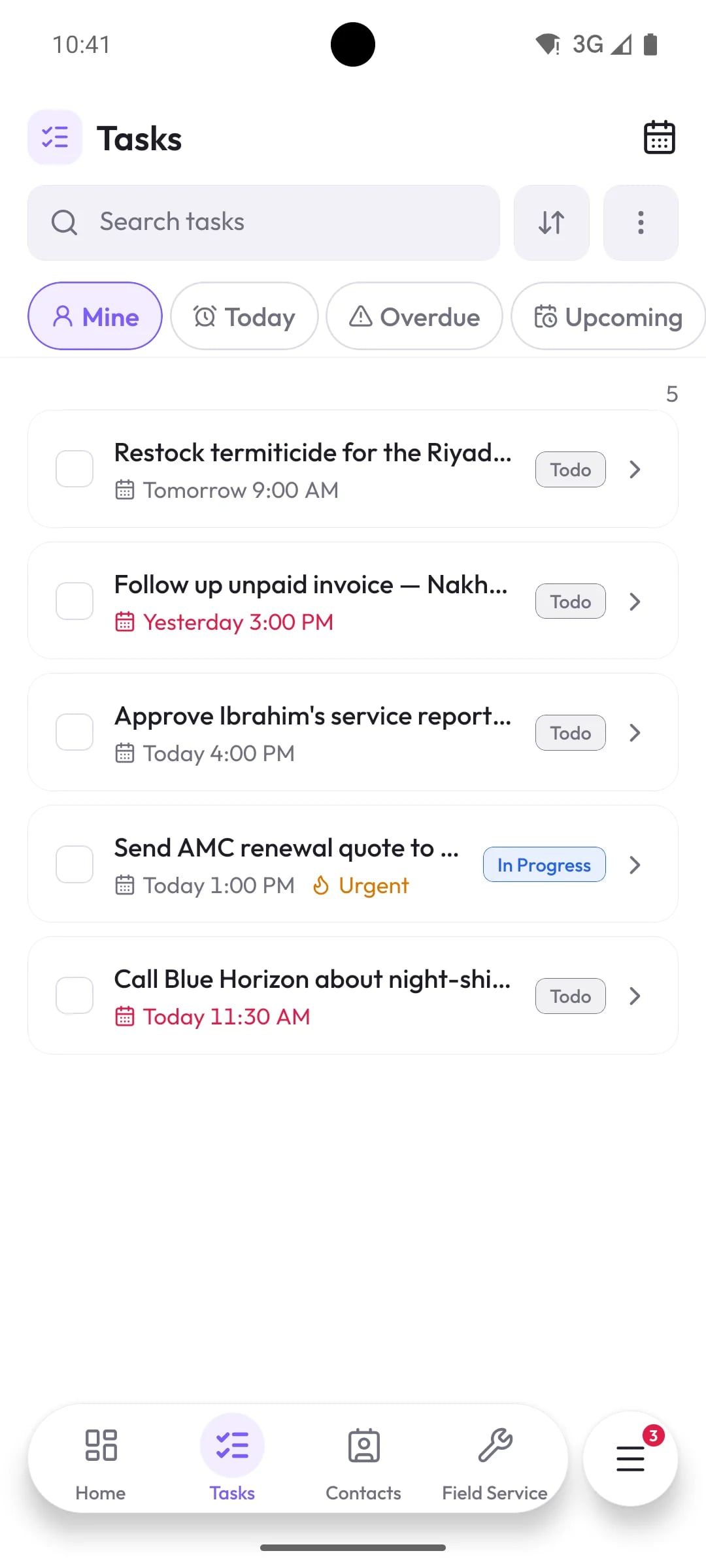Orbit mobile task list with due times, priorities and task status