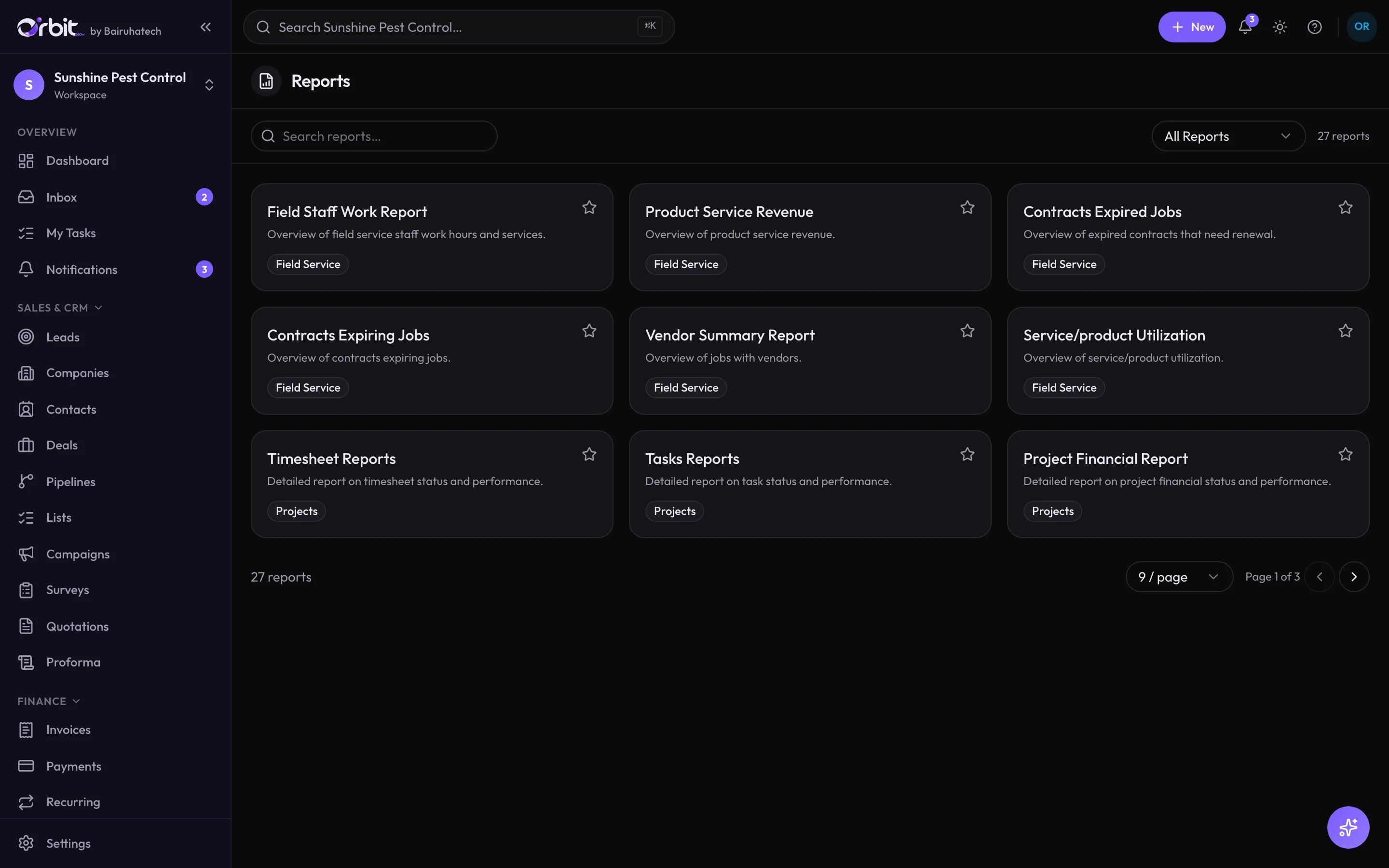 Orbit reports library with field service, project and sales reports shown as cards